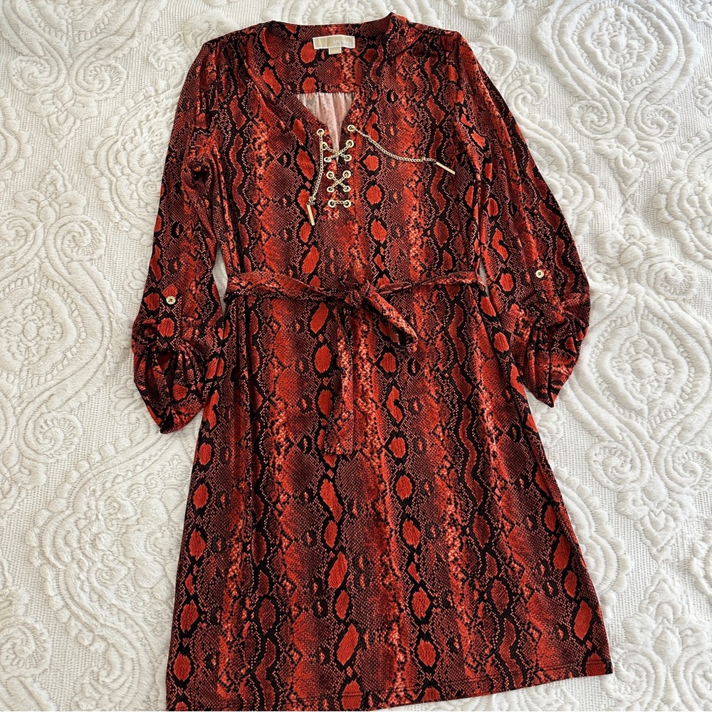 Michael Kors Snakeskin Long Sleeve Dress Size US M Orange Black, Gold hardware